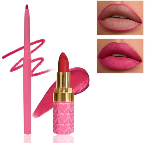 Rose Lipliner and Lipstick Set-2Pcs Samt Matt Wasserfest Lippenstift, Langanhaltend 24 Stunden Halt Not-Stick Cup Lipgloss, Hoch Pigmentiert Lippen Make-up Set für Frauen zum Frauentag - P05