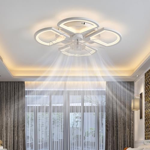 Deckenventilator mit Beleuchtung, Deckenleuchte mit Ventilator Fernbedienung & APP, LED 3 Farben Dimmbare, Timer Lampe, Leise 6 Lüftungsgeschwindigkeiten, für Schlafzimmer Wohnzimmer -White||50cm