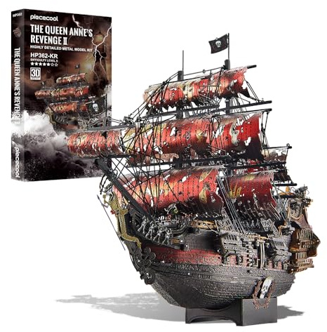 Piececool 3D pussel metall piratskepp drottning Anne's Revenge, 3D metall pussel segelbåt skeppsset, modell fartyg för 340 rostfritt stål, födelsedagspresent, modellbyggsats vuxna, 439 delar (röd)