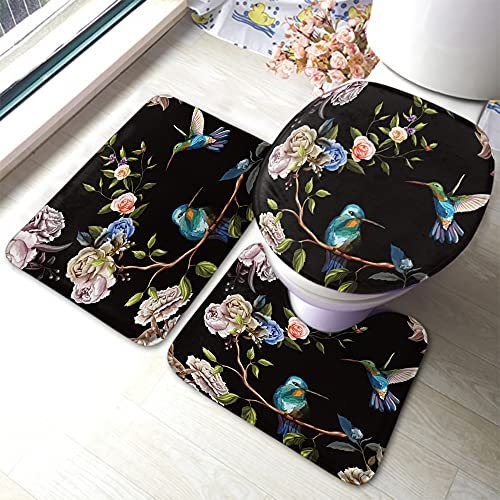 3 Tlg Badteppich Set Kolibri, Rosen, Nelke, Pfingstrose, Blätter Schwarz Anti-Rutsch U-Förmigen Contour Matte Shaggy Wc-Deckelbezug Weiche Badezimmer Teppiche Set 3 Stück