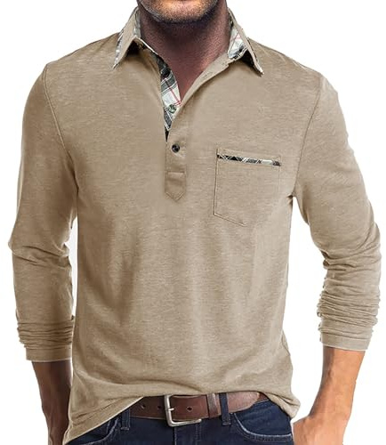 Ryehack Men's Polo Shirts Casual Short Long Sleeve Tops Plaid Golf T-Shirts Regular Fit with Pocket S-3XL Beige