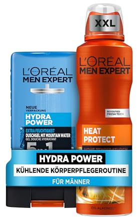 L'Oréal Men Expert kühlendes Körperpflegeset für Männer, Mit XXL Deospray und Duschgel, Set für Herren mit Mountain Water und Keramik, Heat Protect, Hydra Power, 2-teilig
