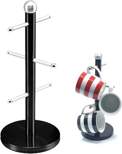 UNIQUE CRAFTS | 6 Mug Holder Tree Stand | Modern Cup Organizer for Kitchen Counter | Space-Saving Coffee Mug Rack | Durable & Elegant Mug Display | Non-Slip Base | Black |