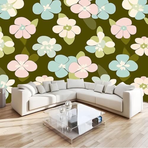 Générique 3D Papier Peint Motif Floral Rétro Vert Papier Peint Panoramique Mural 300x210 cm Affiche Géante Décoration Pour Salon Chambre Chambre D'Enfant Décoration Murale