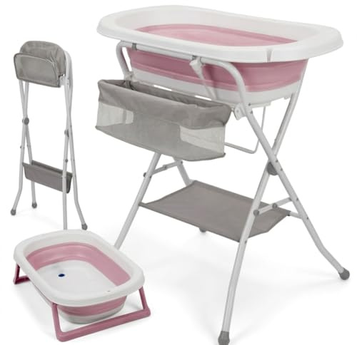 BATHBY | Bañera Plegable para Bebé con Soporte y Patas Antideslizantes | Portátil con Tubo de Desagüe, Cesta Lateral y Organizador Inferior | Ligera, Compacta y Segura | (Rosa Medium)
