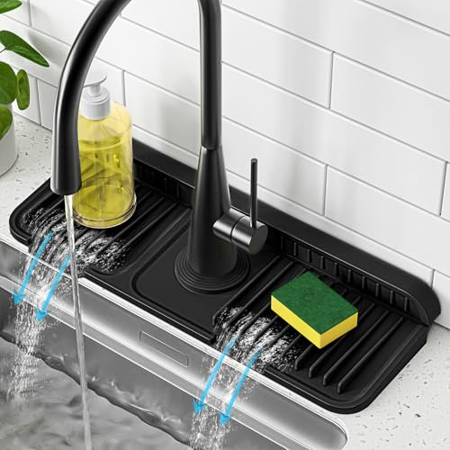 PoYang 14.6 inch Faucet Mat for Kitchen Sink Splash Guard, 7° Slope Silicone Sink Water Splash Guard for Kitchen Sink Area with Snap Button, Small Sink Protectors for kitchen Sink Sponge Holder, Black