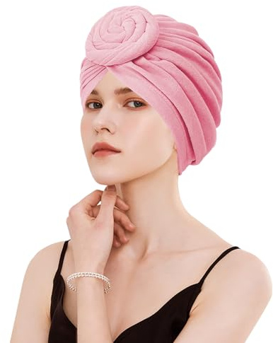 Adorila Stretch-Turban-Hüte für Damen, wiederverwendbar, waschbar, vorgebunden, weich, atmungsaktiv, Kopfwickel für Frisur, Schlafmütze, Rosa, Pink, Einheitsgr��e
