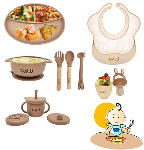 Vajilla Silicona Bebé, louça para crianças, Vaso 3 Usos, Cubiertos Bambú, Chupete Frutas, Cuchara Bebé, Platos con Ventosa, Set de Comida Bebé Libre BPA, Baberos de Silicona, 2 Colores (caramelo)