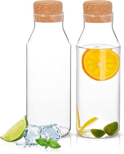 Voency 2 Pack Glass Carafe Bottles,Water Bottle with Cork Lid, 1 L Clear Carafe Bottles, Small Glass Jars for Hot & Cold Beverages,Juice, Milk, Coffee, Water, Wine