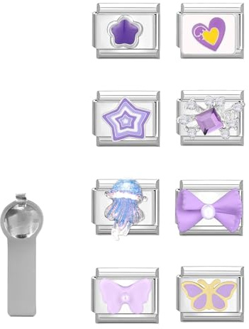 ITingstere Italian Charms, Only Charm Purple Set Flower Butterfly 9mm Italian Modular Charm Bracelet Link Handmade DIY Module Jewelry Gifts Heart