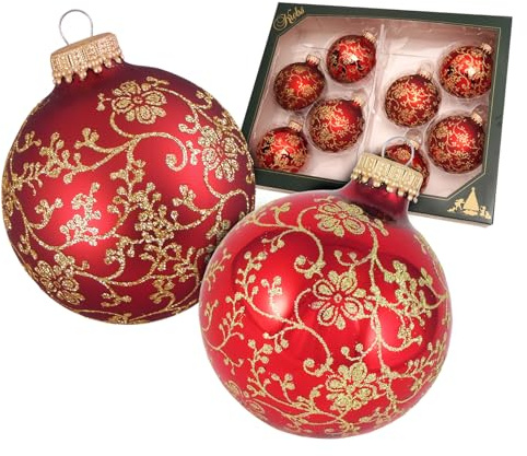 Krebs Glas Lauscha Weihnachtsdekoration/Christbaumschmuck aus Glas - 8 Christbaumkugeln - Motiv: Weihnachtsrot mit Glitterranken - Größe: ca. 7 cm