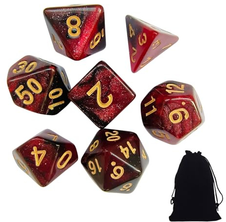 Dice Poliedrici 7 x 8(56Pezzi) Come Il Cielo Stellato Dadi Dnd Borsa Portaoggetti Floccata Dadi D&D Adatto per Giochi di Carte Desktop DND RPG MTG D4 D8 D10 D12 D20 (Nero e Rosso)