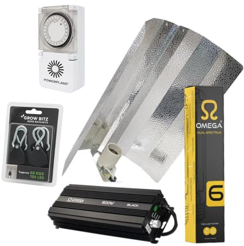 Omega 600W Digital Grow Light Kit with Eurowing Reflector, Dual Spectrum HPS Bulb, Dimmable Ballast, PowerPlant Heavy Duty Timer and Adjustable Rope Ratchets for Indoor Plants Hydroponics