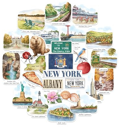 Navy Peony New York State Reise-Sticker-Set — handillustrierte Aquarell-Motive, matt, konturgeschnitten — für Journals & Scrapbooks (28-teilig)