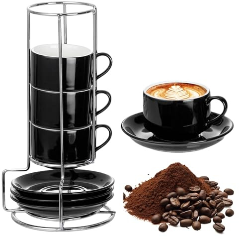 4x100ml Espressotassen mit Untertassen and Metallständer, Stapelbare Espresso Tassen Set aus Keramik, Spülmaschinenfeste, Kaffeetassen 4er Kaffeebecher für Americano Cappuccino Tee Latte (Schwarz)