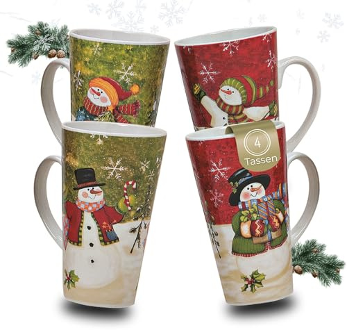 Beautiful Ambiente Christmas Mugs Set of 4 Large 450 ml Snowman Christmas Motif Coffee Cups