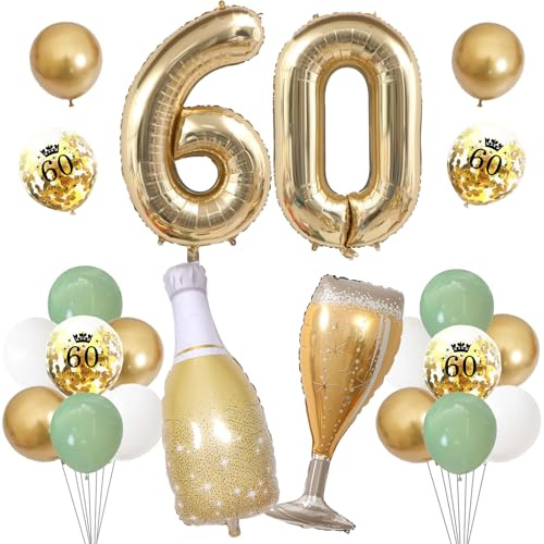 Koboko Luftballon 60 Geburtstag Deko, XXL Luftballons 60 Geburtstag Frau Mann Deko, Ballons Salbeigrüne Deko 60.Geburtstage Frauen, Weiß Gold Luftballon Geburtstagsdeko 60 Jahre, Zahlen Luftballons 60