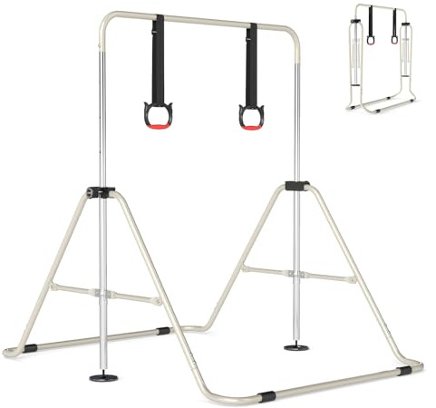 COSTWAY Gymnastikstange Kinder faltbar, Reckstange mit 4 Verstellbarer Höhen & Turnringe, horizontale Turnstange für Indoor & Outdoor, Turnreck erweiterbar für Kinder von 3-12 Jahren