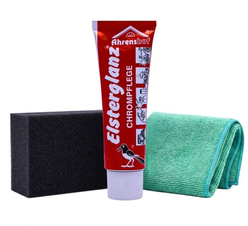 WEVOH Elsterglanz Chrompflege Politur Set mit Polierschwamm und Microfasertuch für Auto Motorrad Fahrrad sowie Haushalt und Sanitär Polierpaste Chrompolitur (40 ml)