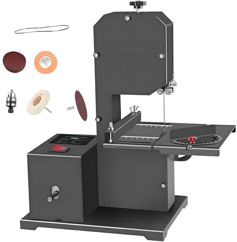 Ymnogjie Sierra De Cinta para Madera,Mesa Corte Madera,Mesa de Sierra Inclinable(0-45°),Sierra Marqueteria Electrica,Máquina Cortadora Multifuncional Sierra para Pequeños Talleres