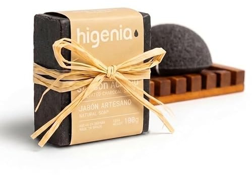Higenia Kit de Jabón Natural Carbón Activo 100g con Esponja Konjac Facial Exfoliante y Jabonera de Bambú | Anti Puntos Negros | Desengrasante | Ideal para Regalo