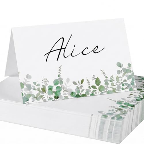 50pcs Eucalyptus Wedding Place Cards for Table, Pre-Scored Greenery Name Cards for Table Setting, Birthday, Dinner Party, Baby Shower