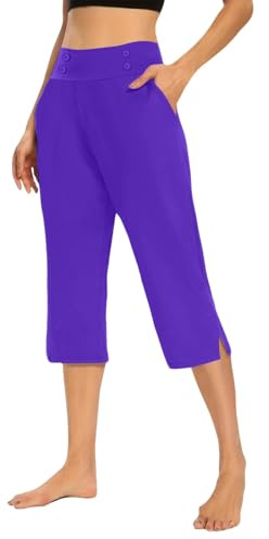 Yogabyxor dam 3/4 hög midja, damsportbyxor 3/4 bomull, ventilerande capri-yogabyxor, vida ben, träning, joggingbyxor med fickor, lätta lediga sommarbyxor, enfärgade, bekväma fritidsbyxor, lila, 3XL