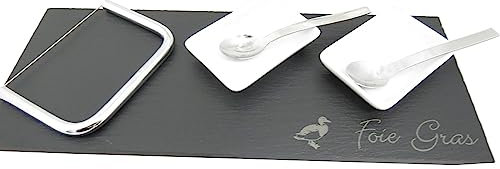 Lebrun Couverts - Service à Foie Gras 6 Pièces - Une Planche Ardoise, 1 Lyre à Foie Gras, 2 Assiettes Porcelaines et Ses Deux cuillères de dégustation - Arts de la Table
