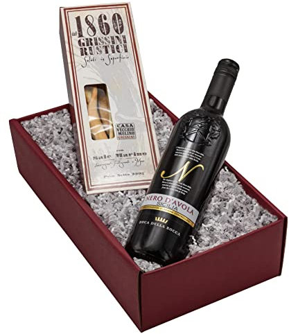 The Wine Guys Geschenk-Set „Rustico“ mit Wein und Salzgebäck in einem tollen Geschenkkarton | Geschenkset mit edlem Rotwein aus Sizilien (1 x 0.75 l) und feine Grissini aus Italien