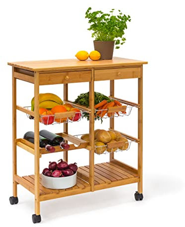Relaxdays Carrello Cucina James XXL, in bambù, HBT 80 x 67 x 37 cm, Mobile con Rotelle, Ripiani, Cestini, Legno Naturale