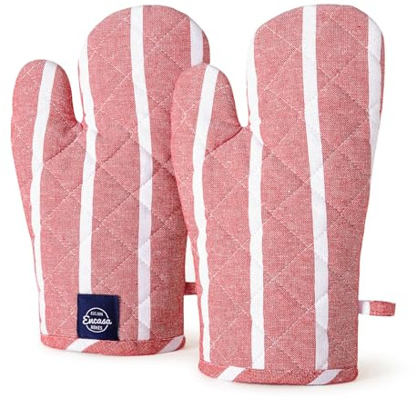 Encasa XO Long 18x30 cm Oven Microwave Hand Gloves Mitts (2 pc Set) for Kitchen Cooking & Baking - Heat Resistant, Thick & Safe, Protection of Hands from Hot Utensils, Grill - Roma rote Streifen