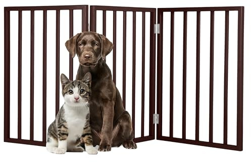PETMAKER Husdjursgrind – 3-panels inomhus hopfällbart hundstaket för trappor, hallar eller dörröppningar – 140 x 61 cm infällbara fristående hundgrindar (brun)