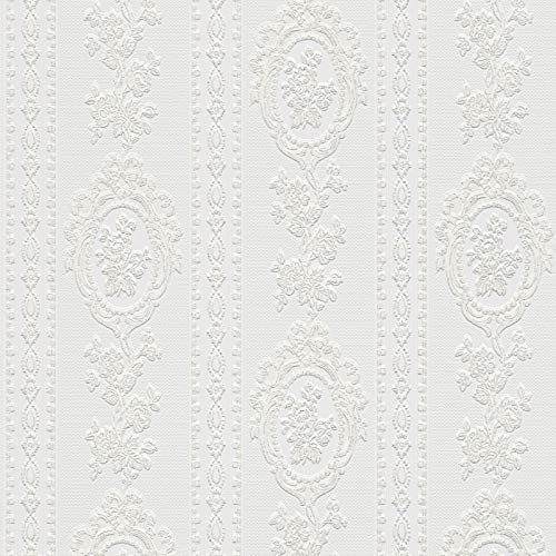Romantische Tapete in Weiß | Florale Barock Tapete mit Glitzer ideal für Schlafzimmer und Flur | Shabby Papiertapete mit Vinyl und Glitzereffekt