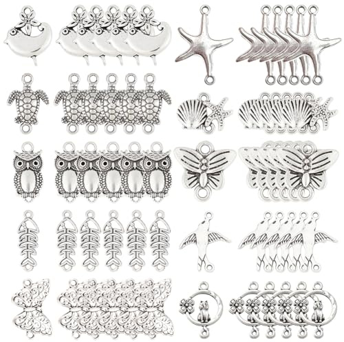SUNNYCLUE 1 Box 60pcs 10 Stile Tier Verbinder Charms Antike Silber Doppelloch Verbinder Zubehör Für DIY Schmuck Armband Halskette Ohrring Machen