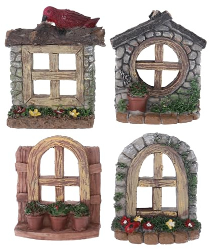 Happyyami Fairy Garden Accessories Fish Tank Succulent Flower Pot 4Pcs Resin Miniature Windows for Diy Aquarium Landscape Home and Office Decor