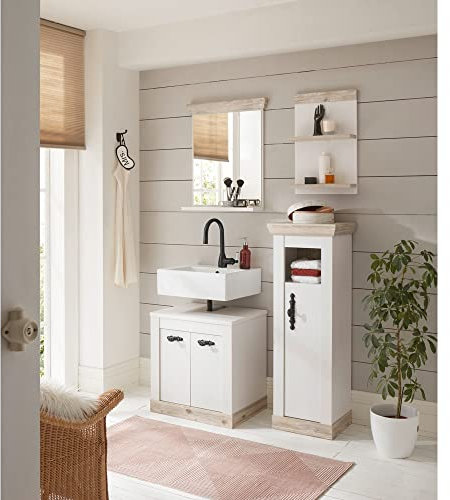 Lomadox Badezimmer Komplett Set in Pinie weiß Nb. mit Absetzungen in Pinie dunkel Nb., B/H/T: ca. 122/200/46 cm