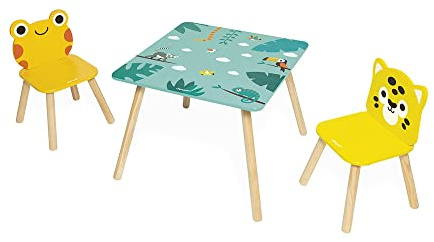 Janod - Tavolo e 2 Sedie in Legno Tropik - Mobili Per Bambini - Tavolo 55 x 55 cm, Sedia Rana e Sedia Giaguaro - Vernice ad Acqua - Dai 3 Anni, J8273