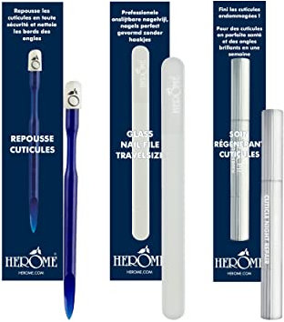 Herome Combi-Pack Nagelhautschieber, Glasnagelfeile Taschenformat & Nagelhaut Wonderpen (Cuticle Pusher, Glass Nail File Travel-Size & Cuticle Night Repair (Wonderpen)) - Cuticle Pflege Manicure Set