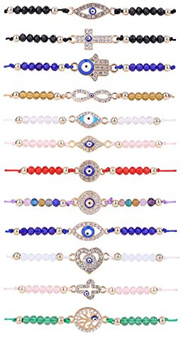 Yolev 12 Pcs Evil Eye Bracelets Protection Bracelet Charm Bracelet for Women Blue Eye Jewelry Gift for Women Girls
