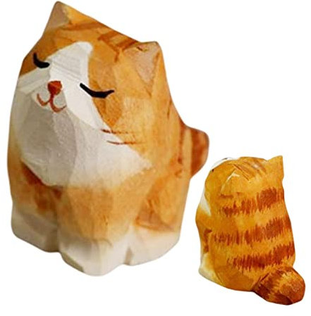 LINGJIONG Orange Katze Holzfigur Kätzchen, Handgefertigte Mini-Orange-Kätzchen-Ornamente, Schöne Kleine Geschnitzte Orangefarbene Katzenfigur, DIY-Holzkätzchen-Kunstschnitzarbeiten