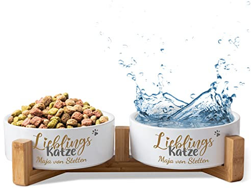 Katzennapf Keramik personalisiert mit Namen „Lieblings-Katze“ | Napf-Set mit/ohne Ständer | Doppelnapf Futternapf Fressnapf Trinknapf | Napf für große kleine Katzen Futterstation (2X 1300ml, Gestell)
