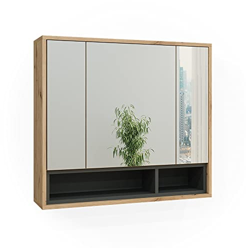 Vicco Armario con Espejo para baño Beatrice, Roble Artesanal/Antracita, 80 x 72 cm, para Montaje en Pared con estantes Abiertos