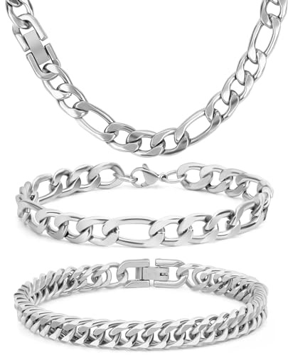 Aospkle 3PCS Figaro Necklace Bracelet Cuban Bracelet, Silver Gold Black Sturdy 316L Stainless Steel Cuban Link Figaro Chain for Men Jewelry Set with Gift Message Card 8mm, 7/8/9 Inches