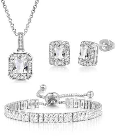 JewelryWe Schmuckset Damen Rechteck Zirkonia: Glitzer Kubischer Zirkonia Quadrat Halskette Ohrringe Armband Set Tennisarmband Anhänger mit Kette Ohrstecker Schmuck Set für Frauen Mädchen