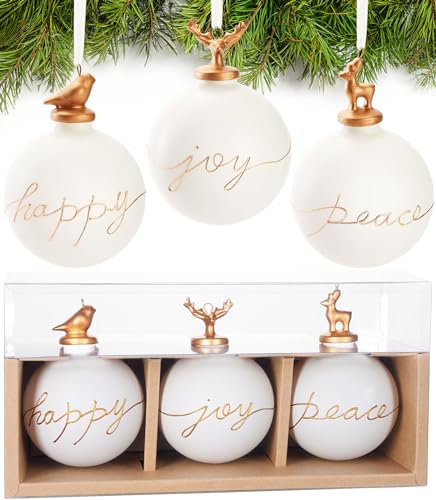 BRUBAKER 3er Set Weihnachtskugeln aus Glas - Happy Joy Peace - Premium Baumkugeln mit Porzellan Figur - Moderne handbemalte Weihnachtsdekoration - 8cm weiße Christbaumkugeln - Christbaumschmuck