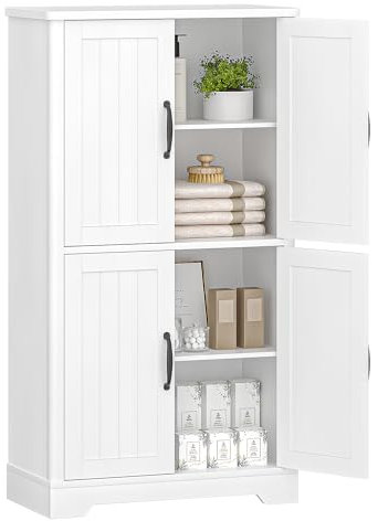 Hzuaneri Badezimmerschrank, Badschrank mit 4 Türen, Küchenschrank, Aufbewahrungsschrank, Kommode, Verstellbare Ablage, für Wohnzimmer, Bad, Küche, Waschküche, Weiß SC18413X