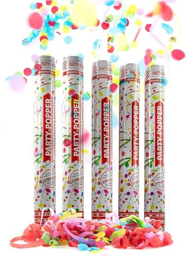Party Factory – Konfettikanone Luftschlangen Konfetti Party Popper 5er Set – Partygadgets Konfetti Kanone 40cm mit Schnipseln für Hochzeit, Geburtstag oder Silvester – Bis 8m Flughöhe