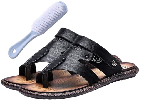 Herren-Sandalen, Flip-Flops, Männer Schuhe Leder Zehenring Stil Strand Bunion Corrector Sandalen, Papa-Geschenke, Weiche Slip-On-Hausschuhe Mit Großen Zehen, Zur Schmerzlinderung Bei(Color:Black,Size: