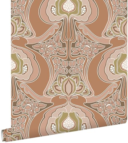papier peint fleurs vintage de style art nouveau rose terracotta 53 cm x 10.05 m - ESTAhome