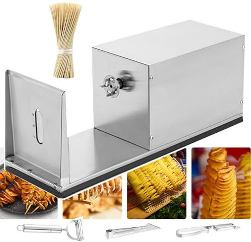 Patate Stretch Automatiche | Affettatrice Elettrica Per Patate In Acciaio Inossidabile Con 3 Utensili Per Sbucciare/100 Bastoncini Di Bambù, Affettatrice Elettrica A Spirale Per Patate,Silver
